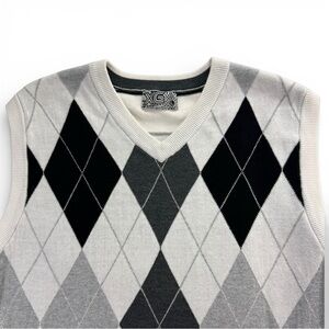 XG Mens Large Argyle Sweater Vest Cream Gray Black Cotton Preppy Golf V Neck